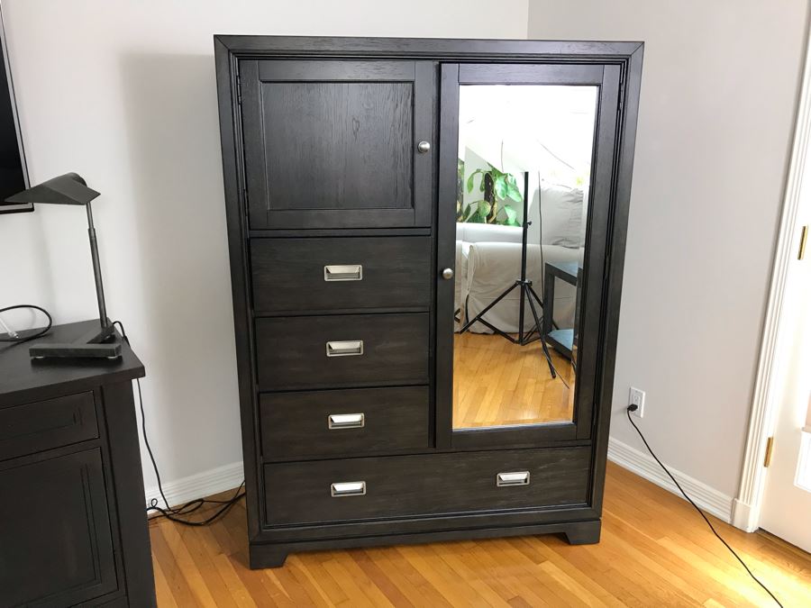 Aspenhome Front Street Chiffarobe Black Wood Gentleman's Dresser Cabinet With Beveled Glass Mirror 48W X 20D X 66H Retails For $1,680
