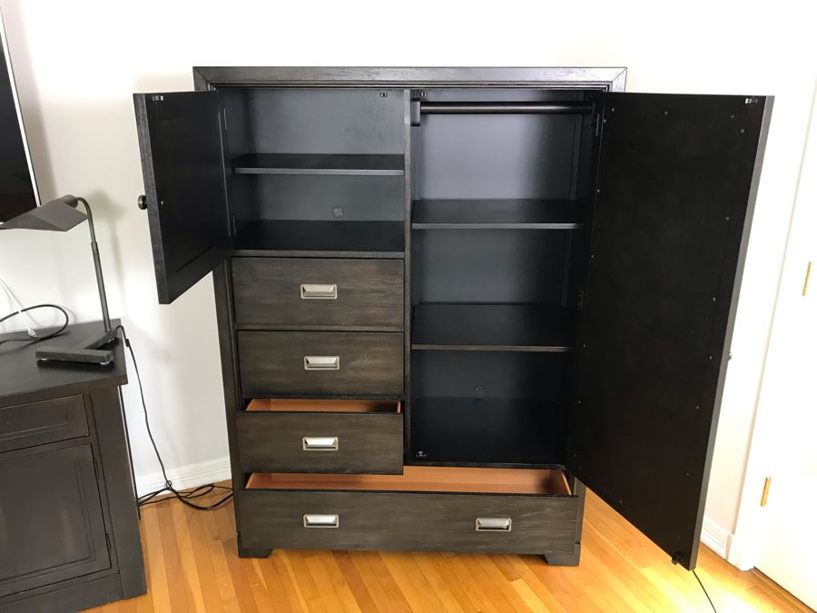 Aspenhome Front Street Chiffarobe Black Wood Gentleman's Dresser Cabinet With Beveled Glass Mirror 48W X 20D X 66H Retails For $1,680 [Photo 9]