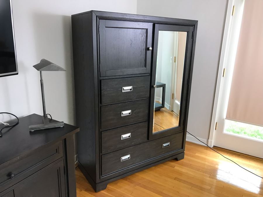Aspenhome Front Street Chiffarobe Black Wood Gentleman's Dresser Cabinet With Beveled Glass Mirror 48W X 20D X 66H Retails For $1,680 [Photo 4]