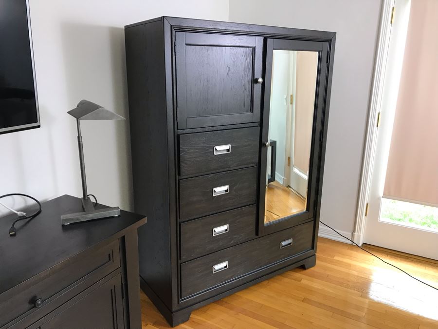 Aspenhome Front Street Chiffarobe Black Wood Gentleman's Dresser Cabinet With Beveled Glass Mirror 48W X 20D X 66H Retails For $1,680 [Photo 5]