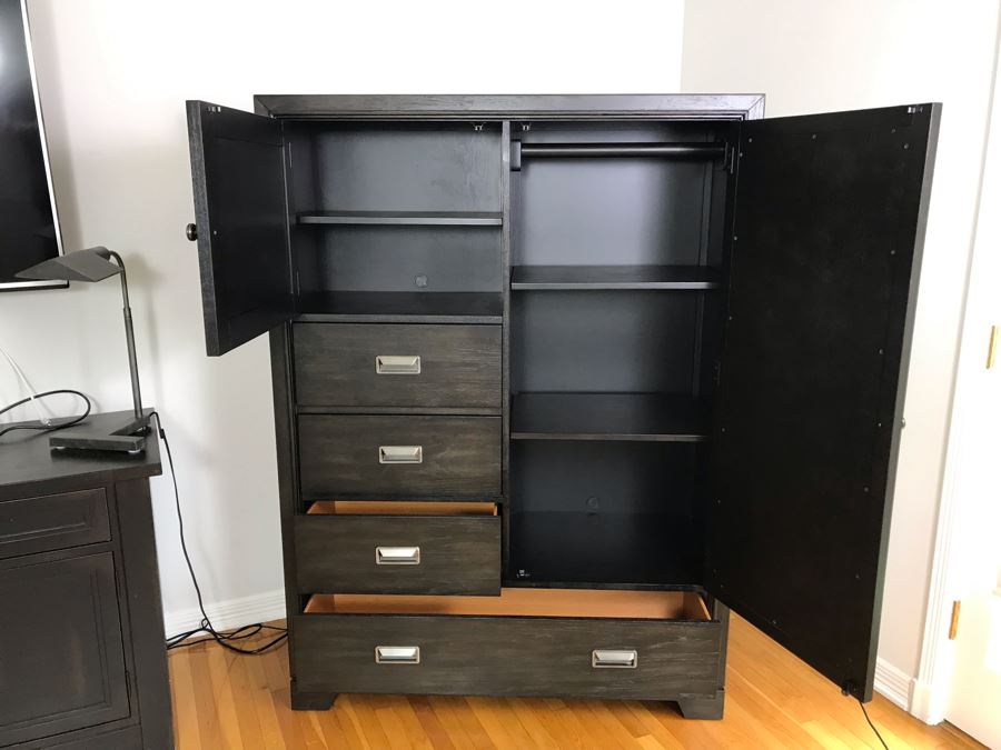 Aspenhome Front Street Chiffarobe Black Wood Gentleman's Dresser Cabinet With Beveled Glass Mirror 48W X 20D X 66H Retails For $1,680 [Photo 8]