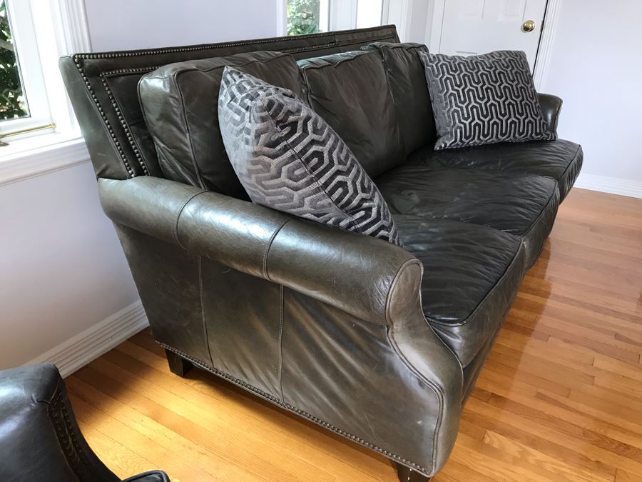 Leather Sofa With Nailheads And (2) Throw Pillows - No Furniture Label But We Believe This Is Restoration Hardware (Matches Chair) 82W X 43D X 37H [Photo 4]