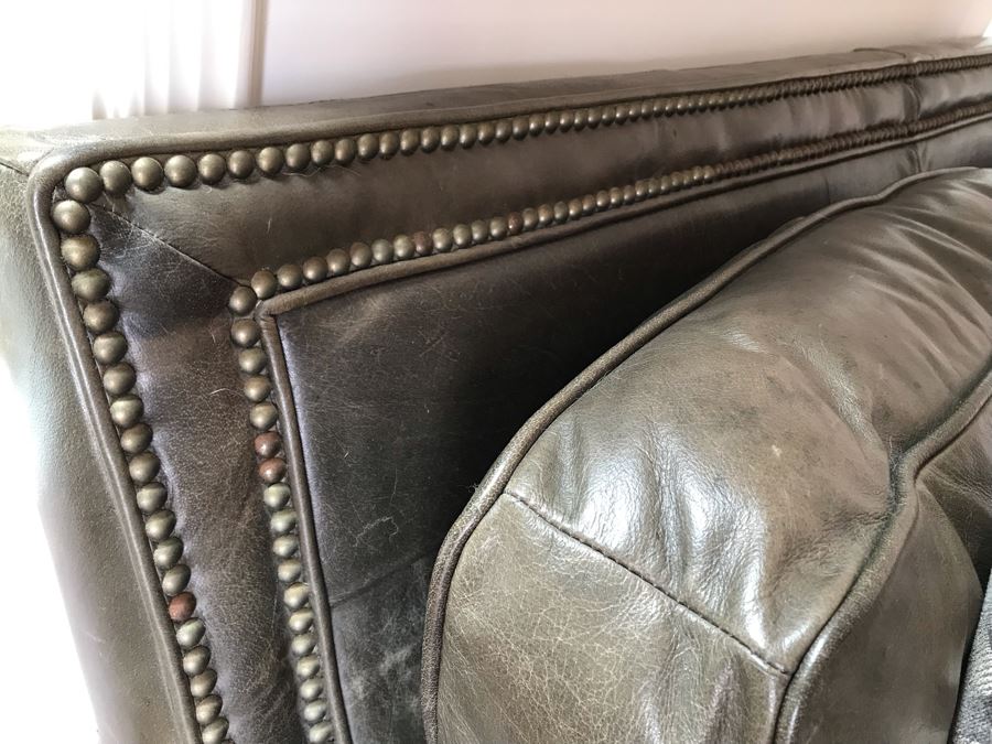 Leather Sofa With Nailheads And (2) Throw Pillows - No Furniture Label But We Believe This Is Restoration Hardware (Matches Chair) 82W X 43D X 37H [Photo 6]
