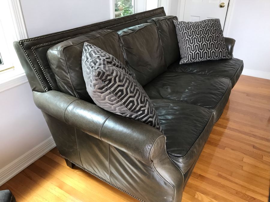 Leather Sofa With Nailheads And (2) Throw Pillows - No Furniture Label But We Believe This Is Restoration Hardware (Matches Chair) 82W X 43D X 37H [Photo 5]