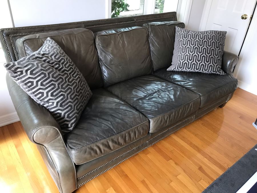Leather Sofa With Nailheads And (2) Throw Pillows - No Furniture Label But We Believe This Is Restoration Hardware (Matches Chair) 82W X 43D X 37H [Photo 3]