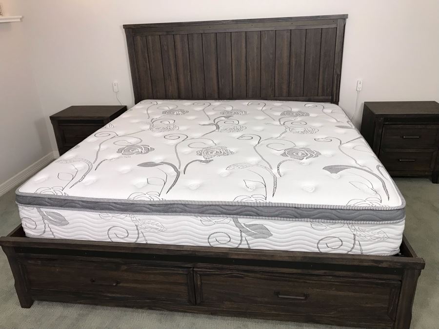 Bedroom Set: Dresser With Mirror 58W X 16D X 36H, Pair Of Nightstands 24W X 16D X 25H And King Size Bed, Mattress And Box Spring - Note This Set Is Pressboard Furniture And Not Solid Wood [Photo 6]