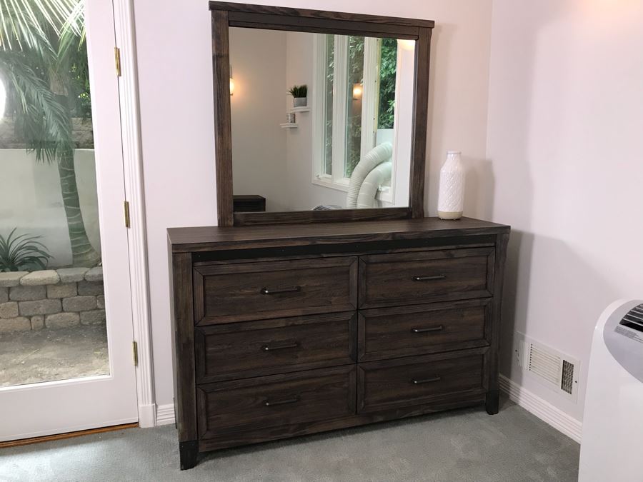 Bedroom Set: Dresser With Mirror 58W X 16D X 36H, Pair Of Nightstands 24W X 16D X 25H And King Size Bed, Mattress And Box Spring - Note This Set Is Pressboard Furniture And Not Solid Wood [Photo 2]
