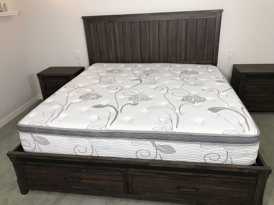 Bedroom Set: Dresser With Mirror 58W X 16D X 36H, Pair Of Nightstands 24W X 16D X 25H And King Size Bed, Mattress And Box Spring - Note This Set Is Pressboard Furniture And Not Solid Wood [Photo 7]