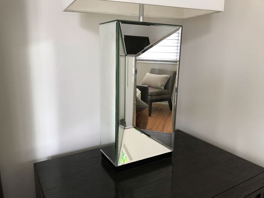 Pair Of Contemporary Mirrored Glass Table Lamps With Shades 19W X 31H [Photo 3]