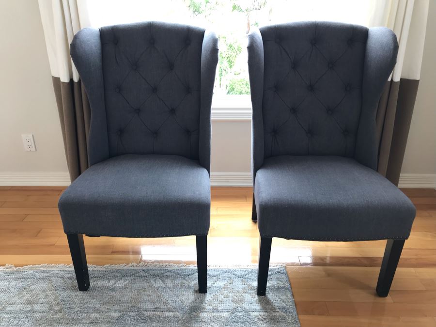 Pair Of Blue Wingback Tufted Armchairs With Nailheads 24W X 28D X 40H [Photo 2]