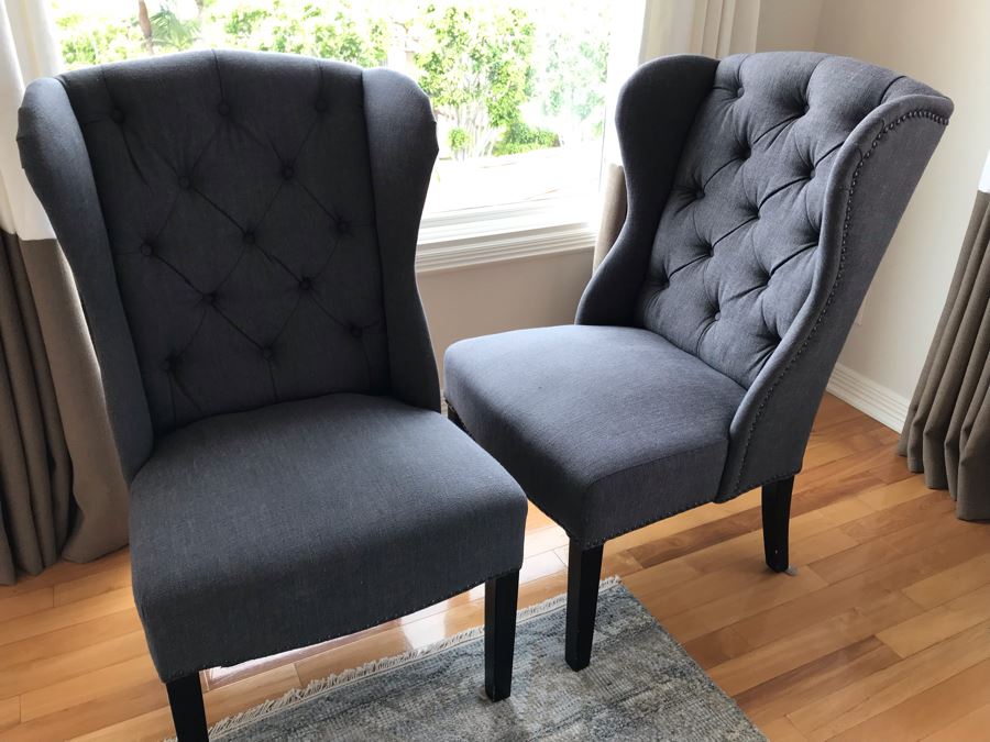Pair Of Blue Wingback Tufted Armchairs With Nailheads 24W X 28D X 40H [Photo 1]