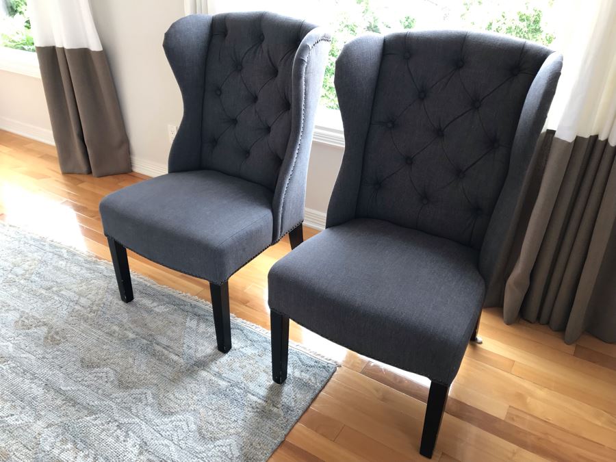 Pair Of Blue Wingback Tufted Armchairs With Nailheads 24W X 28D X 40H [Photo 8]