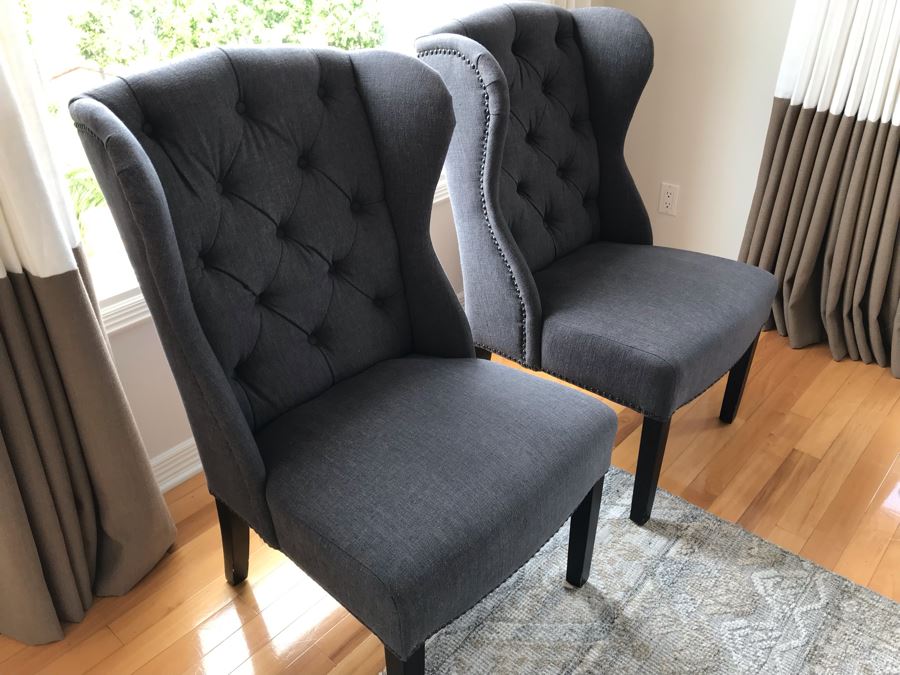 Pair Of Blue Wingback Tufted Armchairs With Nailheads 24W X 28D X 40H [Photo 7]