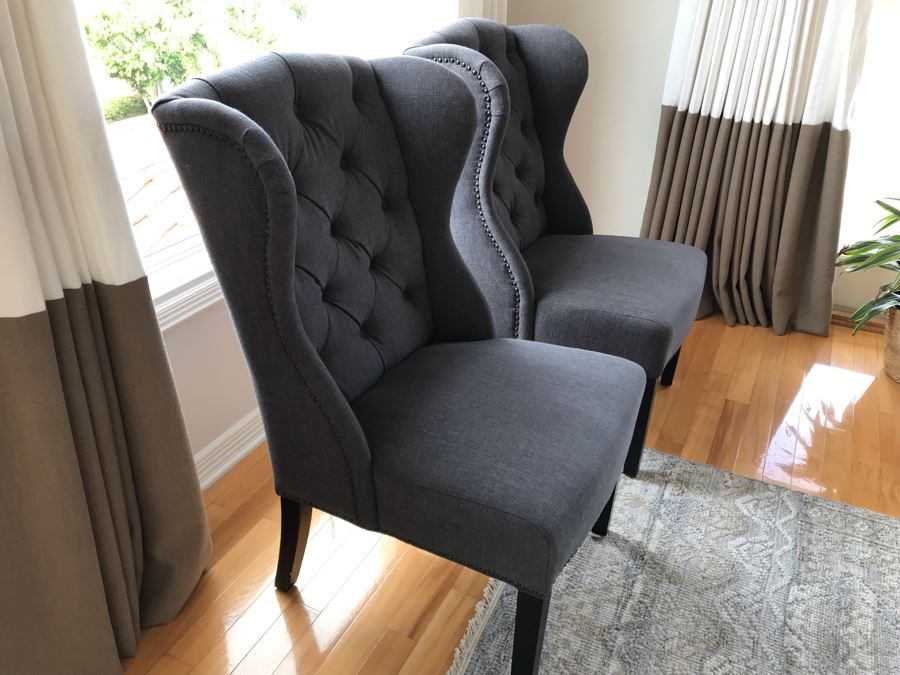 Pair Of Blue Wingback Tufted Armchairs With Nailheads 24W X 28D X 40H [Photo 5]