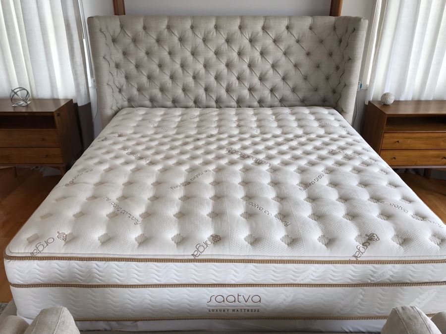 Tufted Upholstered Headboard Bed With Frame And Saatva Luxury Organic Cotton Mattress And Boxspring 82'W X 91'L X 57'H [Photo 2]