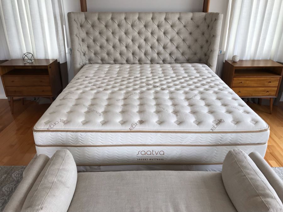 Tufted Upholstered Headboard Bed With Frame And Saatva Luxury Organic Cotton Mattress And Boxspring 82'W X 91'L X 57'H