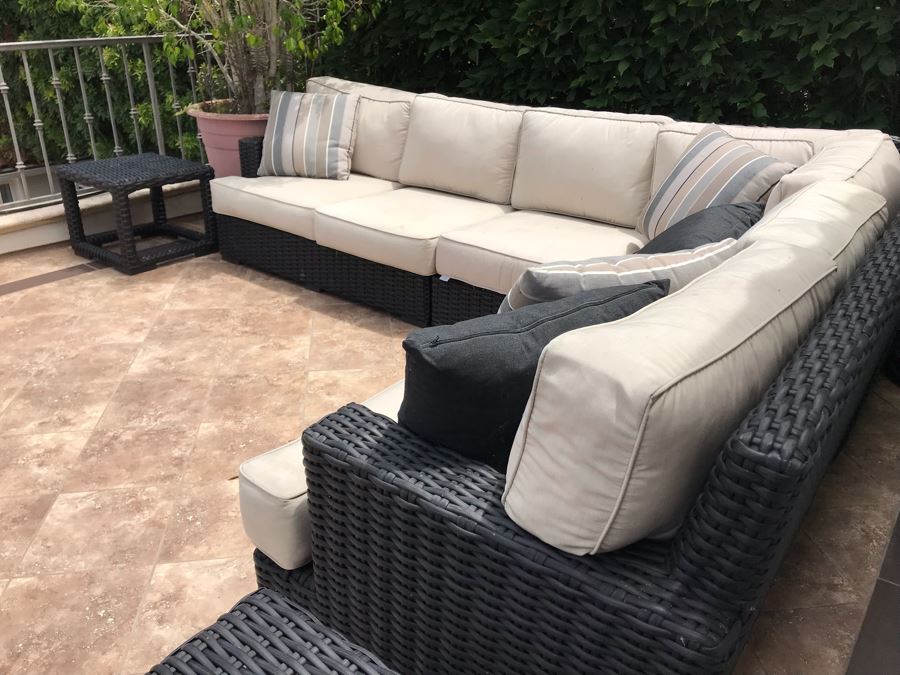 Sunset West Fine Outdoor Wicker Furniture Set With Sectional Lounge Set 120 X 92 X 40 And Pair Of Side Tables 23 X 23 X 19 Retails $4,000+ [Photo 8]