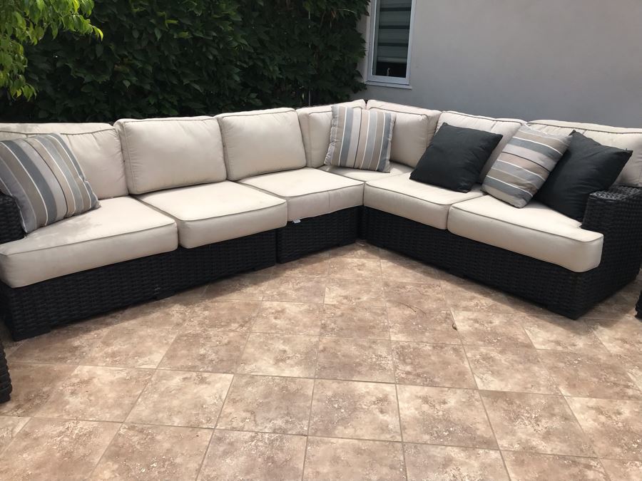Sunset West Fine Outdoor Wicker Furniture Set With Sectional Lounge Set 120 X 92 X 40 And Pair Of Side Tables 23 X 23 X 19 Retails $4,000+ [Photo 4]