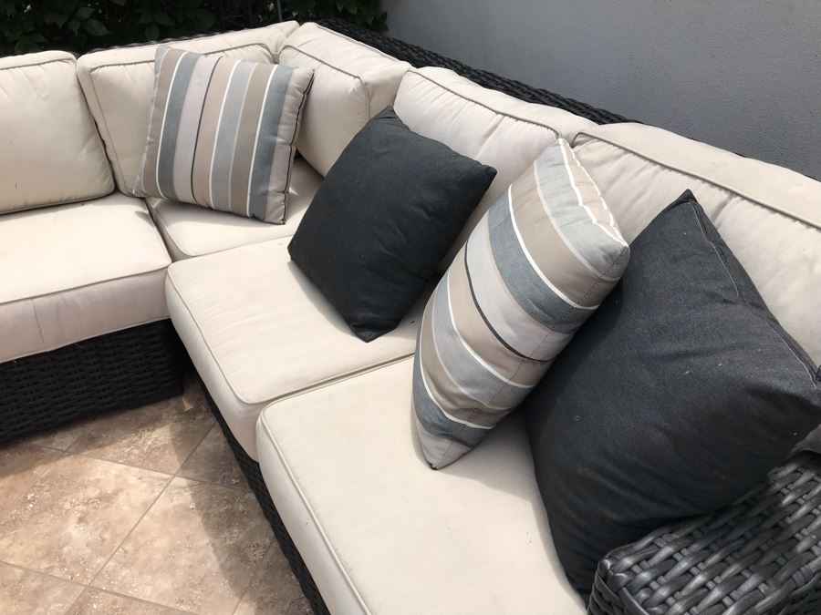 Sunset West Fine Outdoor Wicker Furniture Set With Sectional Lounge Set 120 X 92 X 40 And Pair Of Side Tables 23 X 23 X 19 Retails $4,000+ [Photo 20]