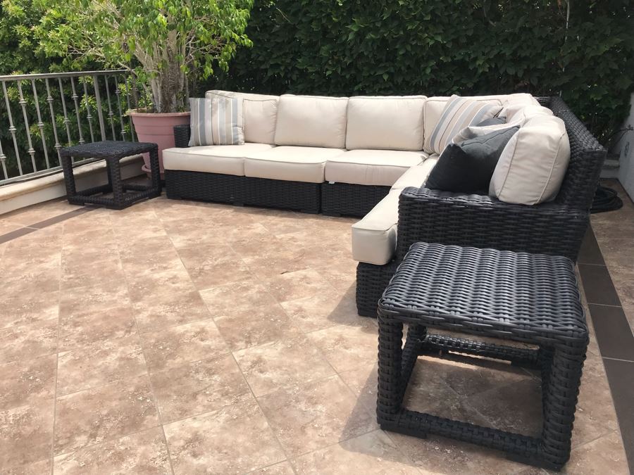Sunset West Fine Outdoor Wicker Furniture Set With Sectional Lounge Set 120 X 92 X 40 And Pair Of Side Tables 23 X 23 X 19 Retails $4,000+ [Photo 2]