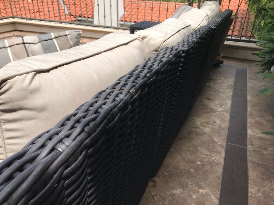 Sunset West Fine Outdoor Wicker Furniture Set With Sectional Lounge Set 120 X 92 X 40 And Pair Of Side Tables 23 X 23 X 19 Retails $4,000+ [Photo 9]