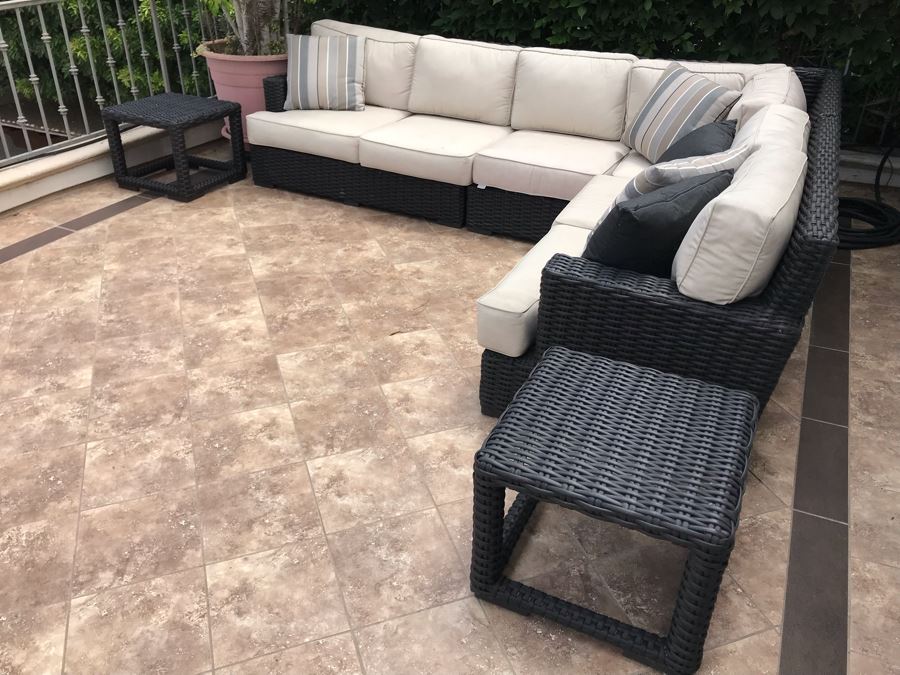 Sunset West Fine Outdoor Wicker Furniture Set With Sectional Lounge Set 120 X 92 X 40 And Pair Of Side Tables 23 X 23 X 19 Retails $4,000+ [Photo 10]