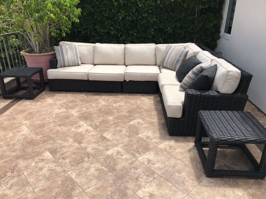 Sunset West Fine Outdoor Wicker Furniture Set With Sectional Lounge Set 120 X 92 X 40 And Pair Of Side Tables 23 X 23 X 19 Retails $4,000+ [Photo 3]