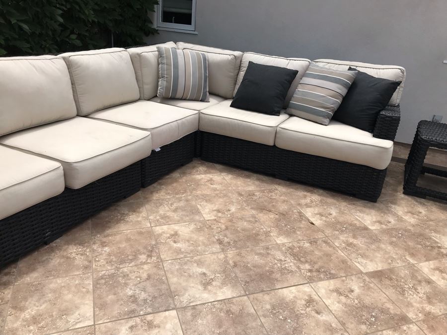 Sunset West Fine Outdoor Wicker Furniture Set With Sectional Lounge Set 120 X 92 X 40 And Pair Of Side Tables 23 X 23 X 19 Retails $4,000+ [Photo 14]