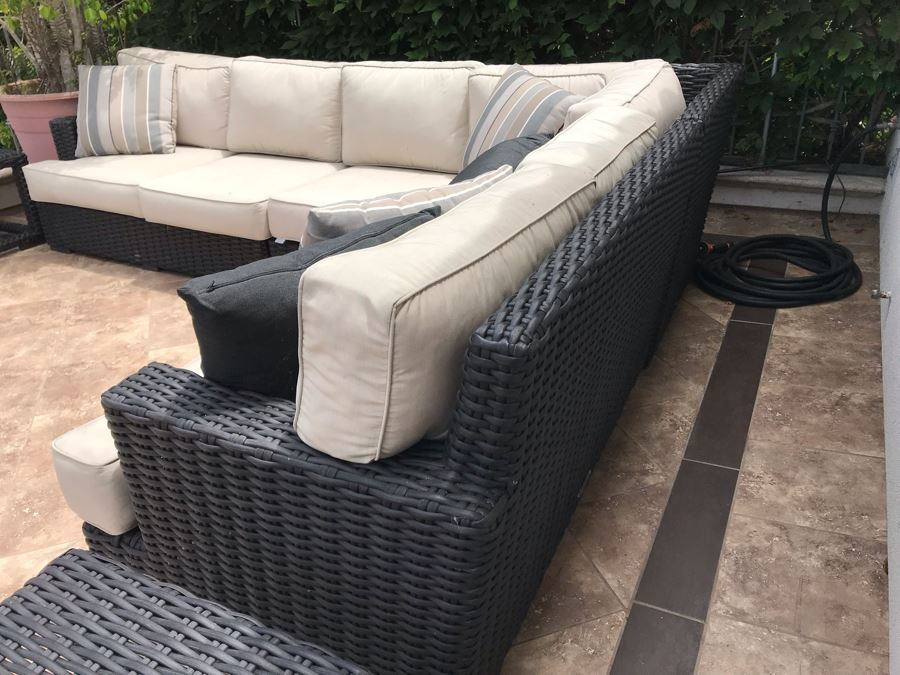 Sunset West Fine Outdoor Wicker Furniture Set With Sectional Lounge Set 120 X 92 X 40 And Pair Of Side Tables 23 X 23 X 19 Retails $4,000+ [Photo 7]