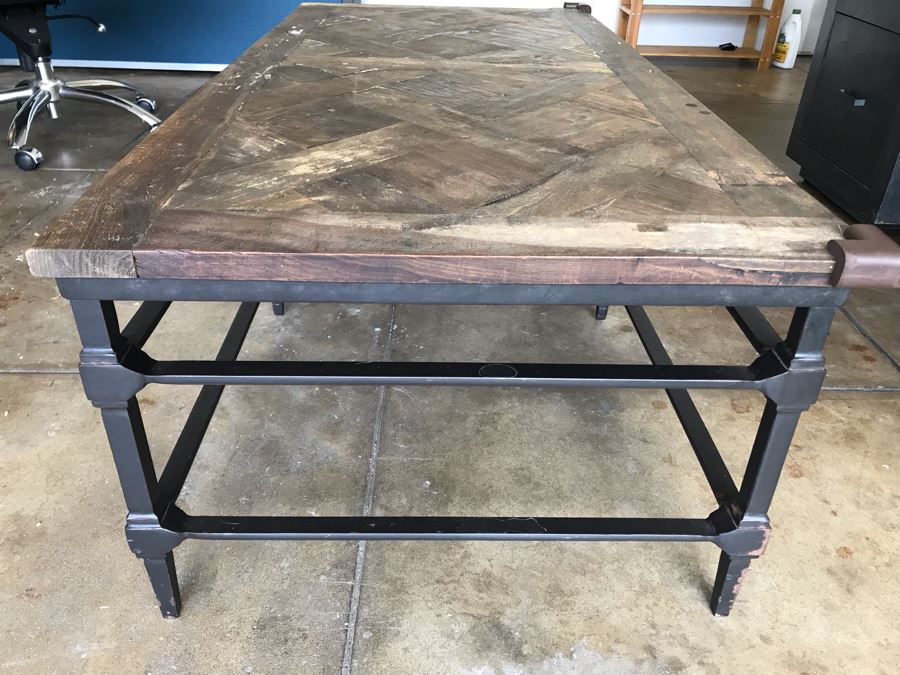 Parquet Coffee Table Recycled Wood With Metal Base 53W X 26D X 18H [Photo 2]