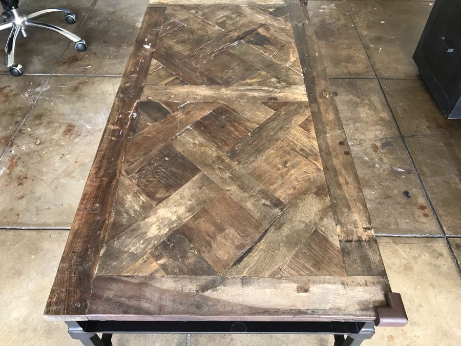 Parquet Coffee Table Recycled Wood With Metal Base 53W X 26D X 18H [Photo 4]