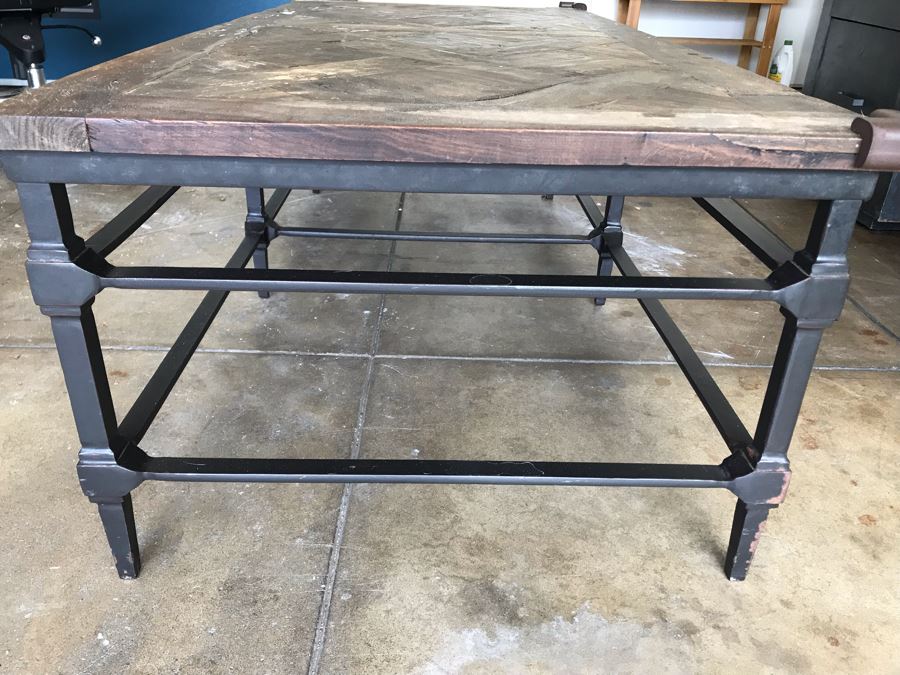 Parquet Coffee Table Recycled Wood With Metal Base 53W X 26D X 18H [Photo 3]