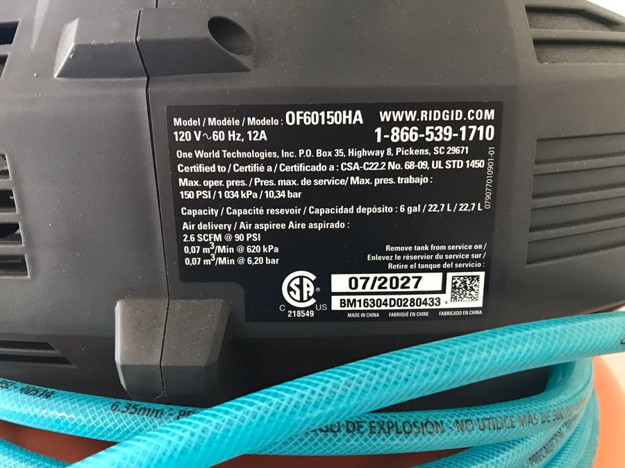 Ridgid 6 Gal 150 Psi Air Compressor Model OF60150HA