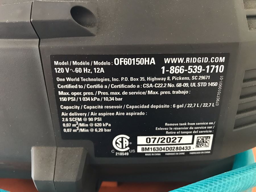 Ridgid 6 Gal 150 Psi Air Compressor Model OF60150HA