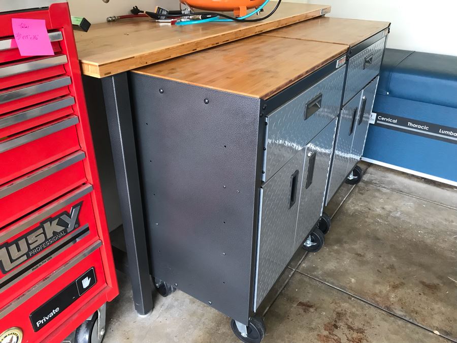 Gladiator By Whirlpool Corporation Wood Top Work Bench 67W X 20D X 40H And Pair Of Rolling Gladiator By Whirlpool Corporation Work Cabinets Tool Chests On Casters That Fit Under Table [Photo 9]