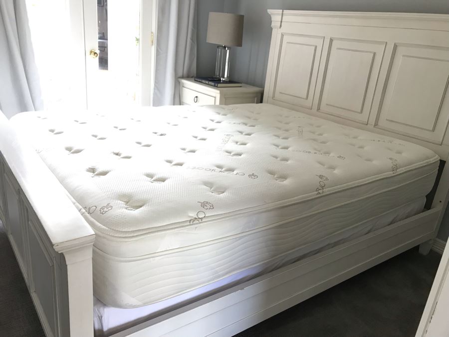 White Wooden Bed 68W X 90L X 56H By Universal Furniture And Organic Cotton Mattress (Has Stain) With Box Spring [Photo 6]