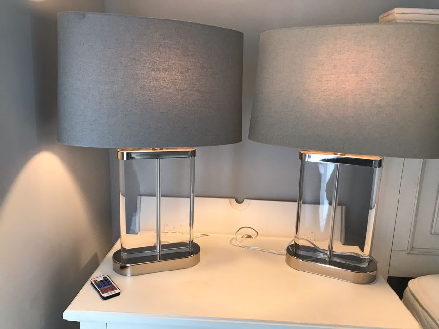 Pair Of Contemporary Glass And Chrome Table Lamps With Shades [Photo 2]
