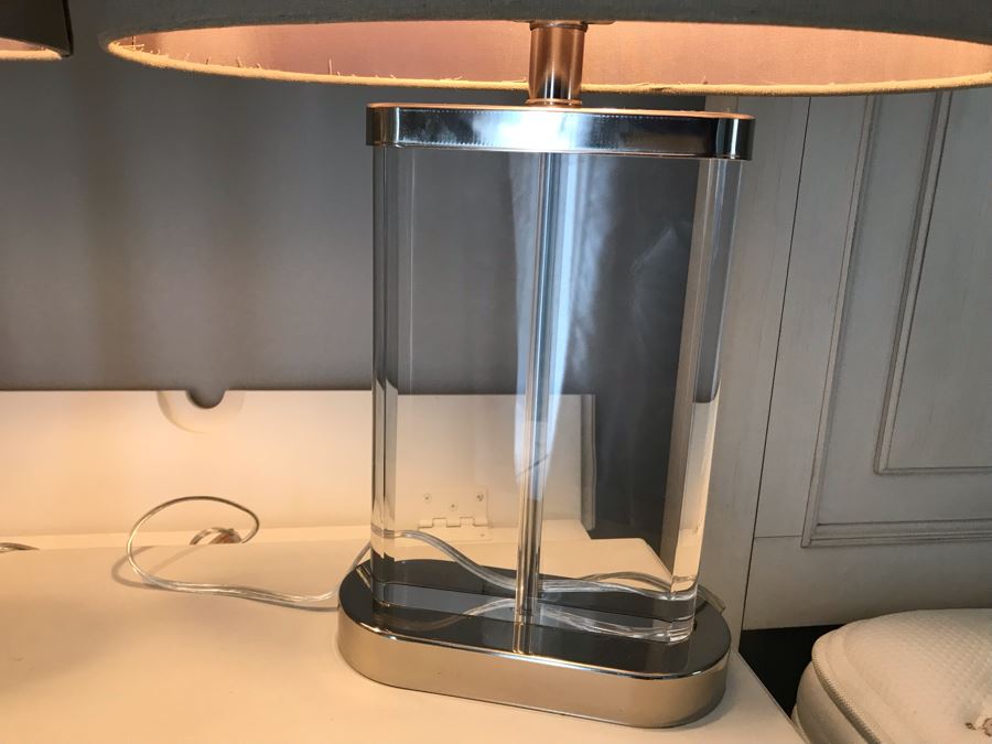 Pair Of Contemporary Glass And Chrome Table Lamps With Shades [Photo 3]