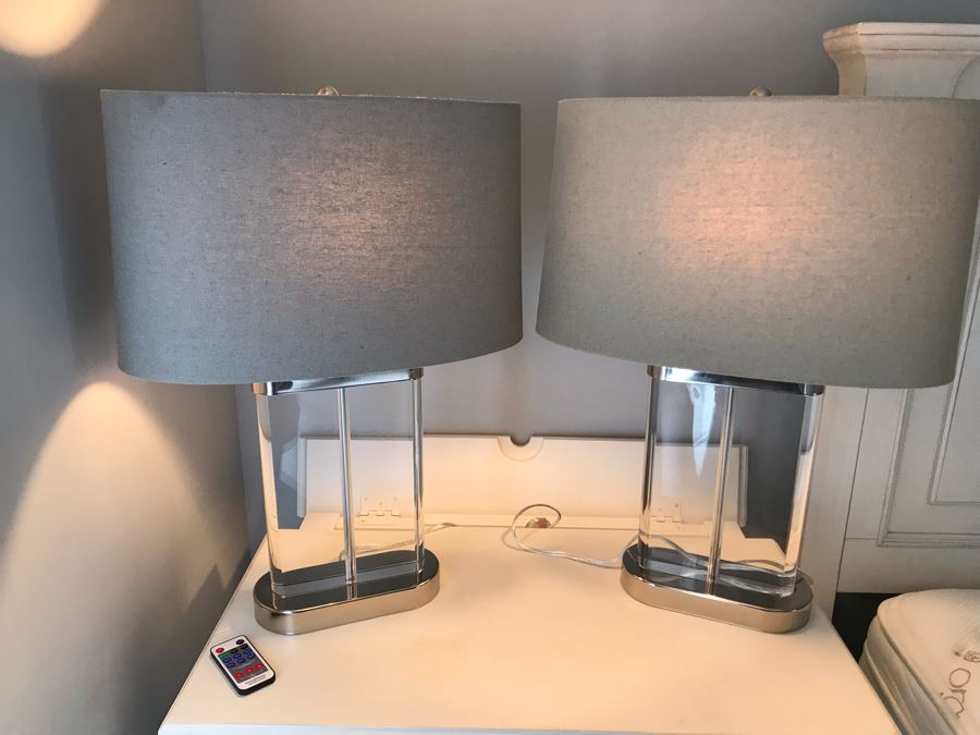 Pair Of Contemporary Glass And Chrome Table Lamps With Shades [Photo 1]