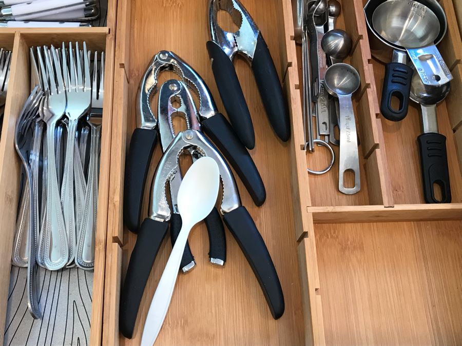 Stainless Steel Winco Flatware Set, Various Utensils And Pair Of Bamboo Silverware Trays [Photo 5]