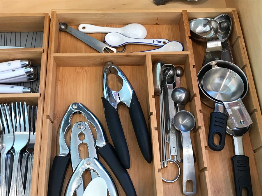 Stainless Steel Winco Flatware Set, Various Utensils And Pair Of Bamboo Silverware Trays [Photo 4]