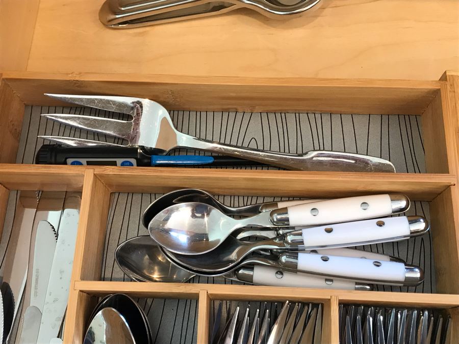 Stainless Steel Winco Flatware Set, Various Utensils And Pair Of Bamboo Silverware Trays [Photo 3]