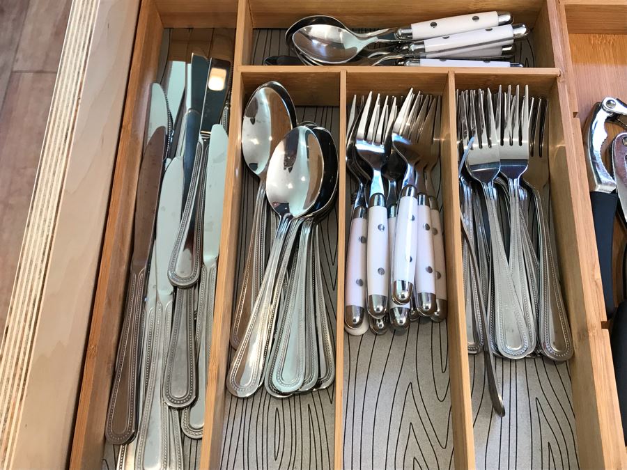 Stainless Steel Winco Flatware Set, Various Utensils And Pair Of Bamboo Silverware Trays [Photo 2]