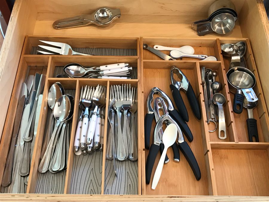 Stainless Steel Winco Flatware Set, Various Utensils And Pair Of Bamboo Silverware Trays