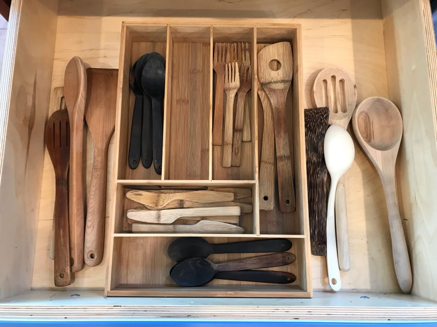 Various Wooden Utensils And Bamboo Silverware Tray