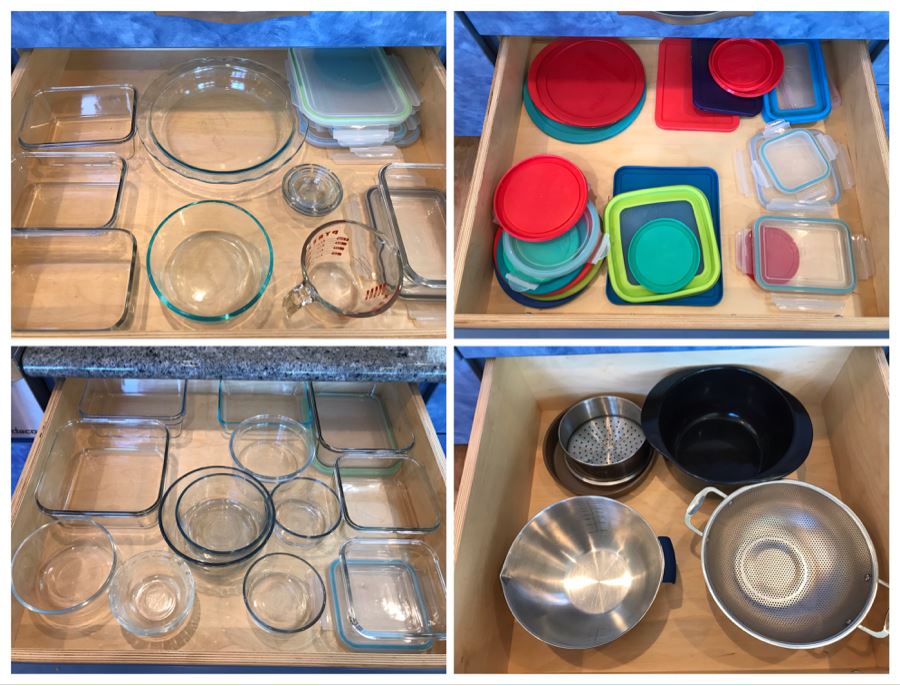 4 Drawers Of Various Glass Pyrex Baking Dishes, Tupperware, Colander - See Photos