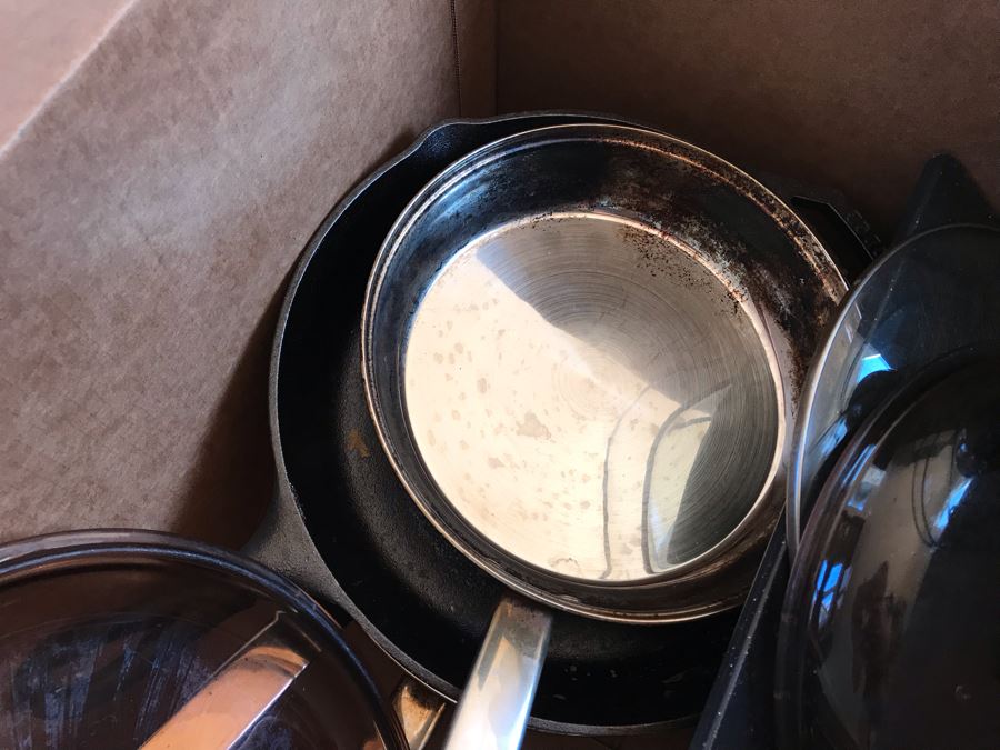 Just Added - Large Box Of Various Pots And Pans Including Lodge Cast Iron Skillet, Cuisinart Stainless Skillet, Ecolution Stainless Pots - See Photos [Photo 7]