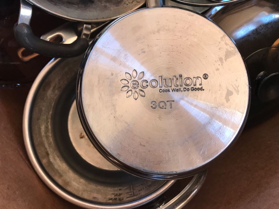 Just Added - Large Box Of Various Pots And Pans Including Lodge Cast Iron Skillet, Cuisinart Stainless Skillet, Ecolution Stainless Pots - See Photos [Photo 5]