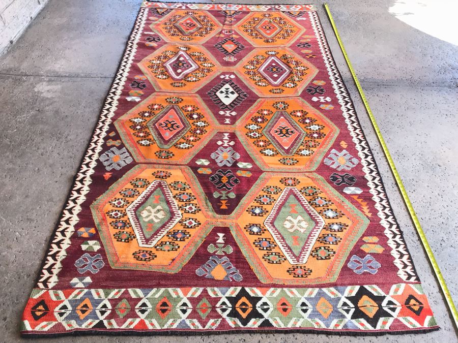 JUST ADDED - Stunning Vintage Turkish Kilim Hand Woven Rug Geometric Tribal Patterns Oranges Browns 118' X 63' [Photo 5]