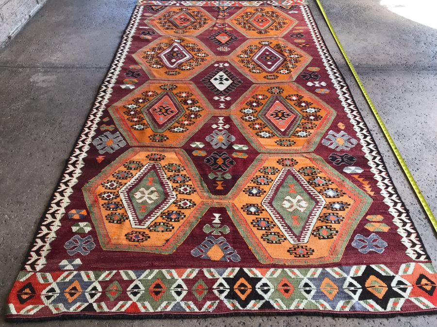 JUST ADDED - Stunning Vintage Turkish Kilim Hand Woven Rug Geometric Tribal Patterns Oranges Browns 118' X 63' [Photo 3]